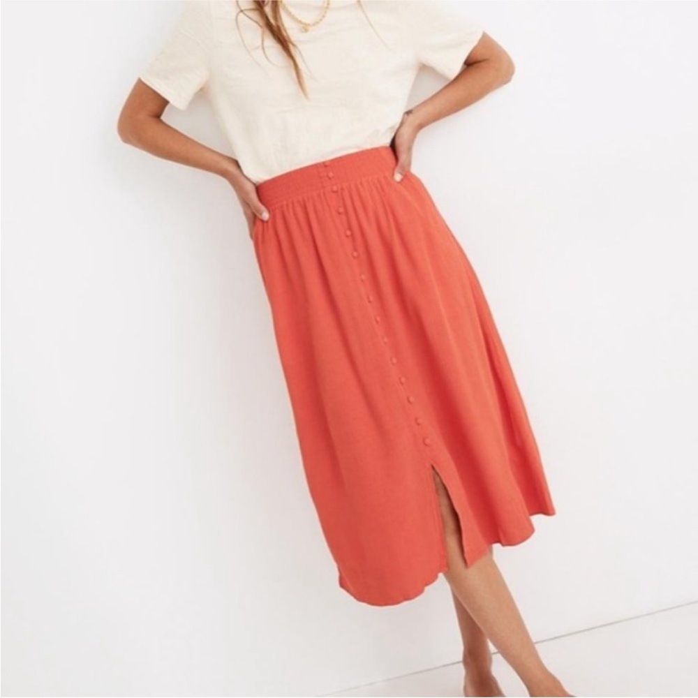 Madewell Smocked Waist Button Front Midi Skirt
